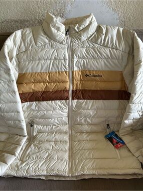 Columbia Ivory Puffer Jacket with Gold and Brown Stripes